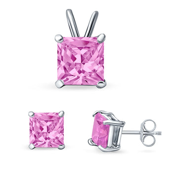Princess Cut Jewelry Set Pendant Earring Simulated Pink Cubic Zirconia 925 Sterling Silver